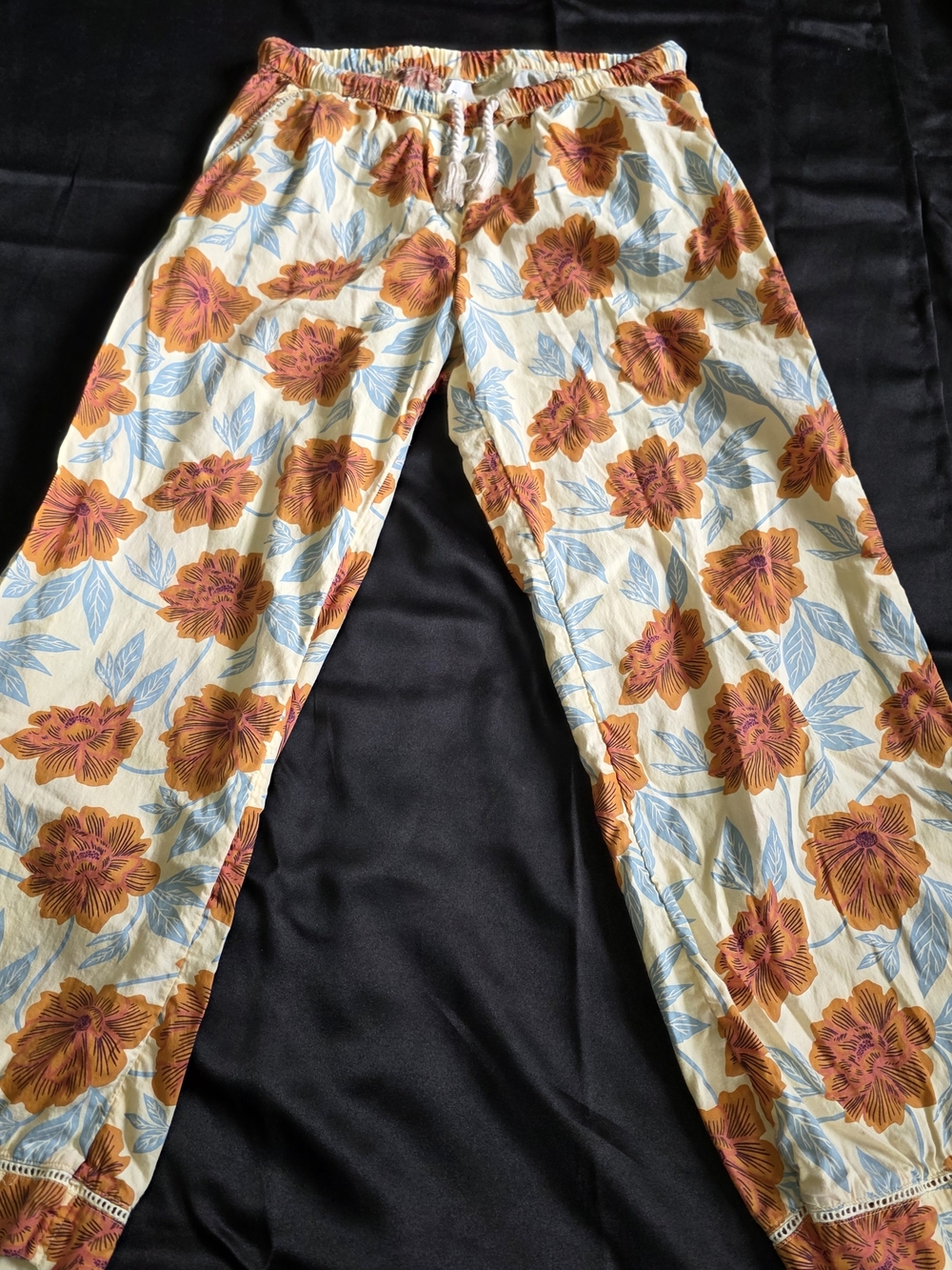Pact Pants Orange Floral and Soft Blue Leaves Organic Cotton Rope Tie Pockets